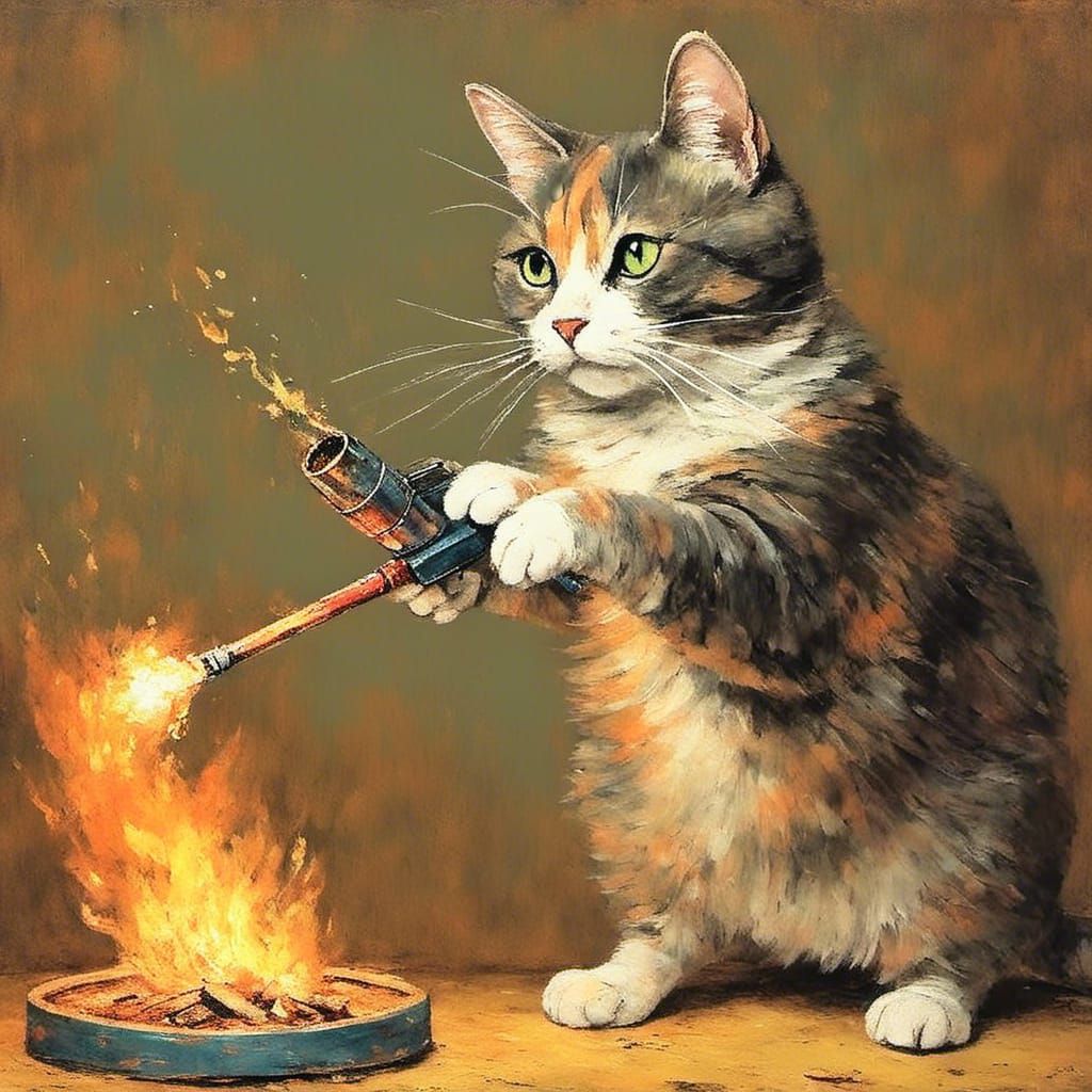 Cartoon Cat with Flamethrower in Painting Style