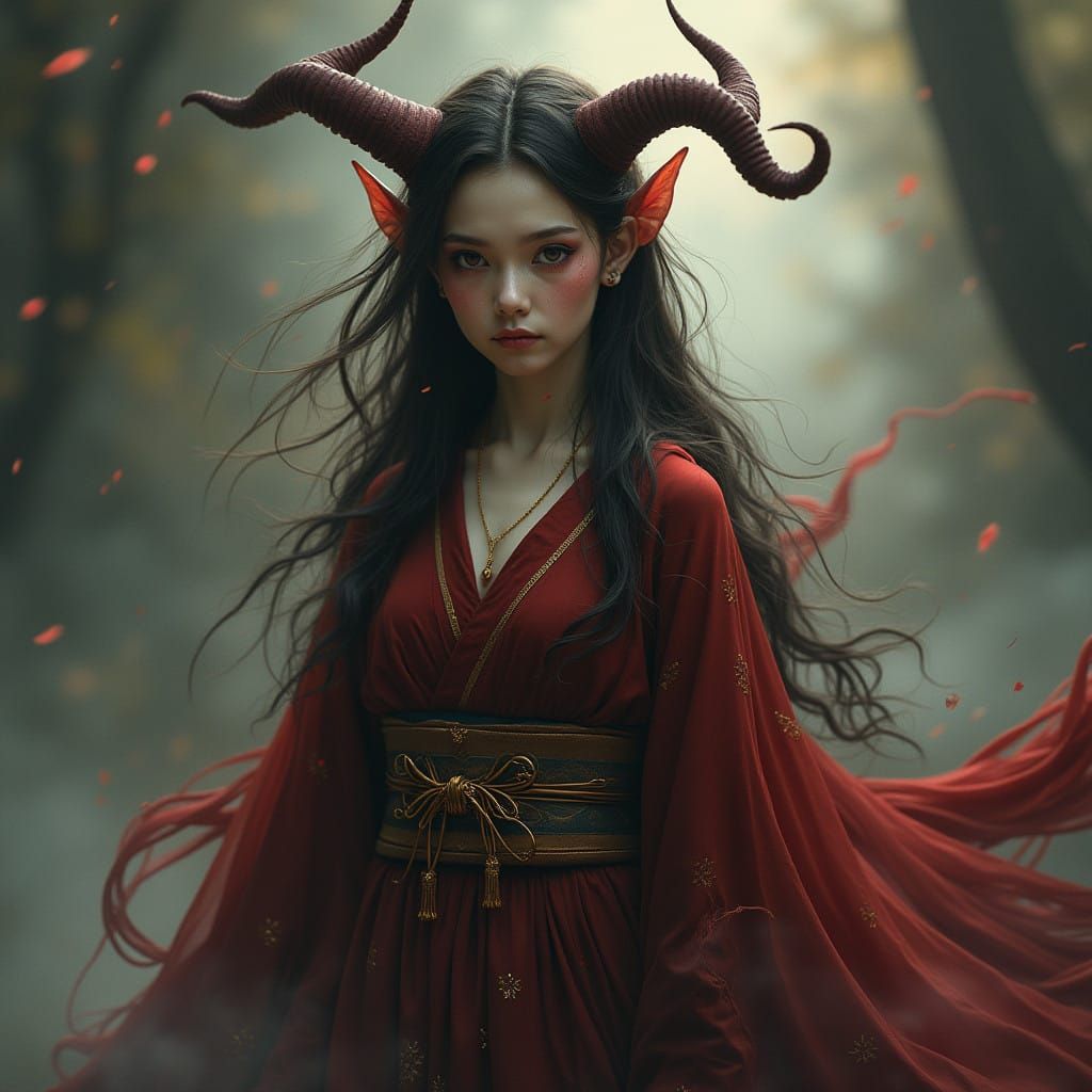 Mystical Demon Girl in Crimson Kimono