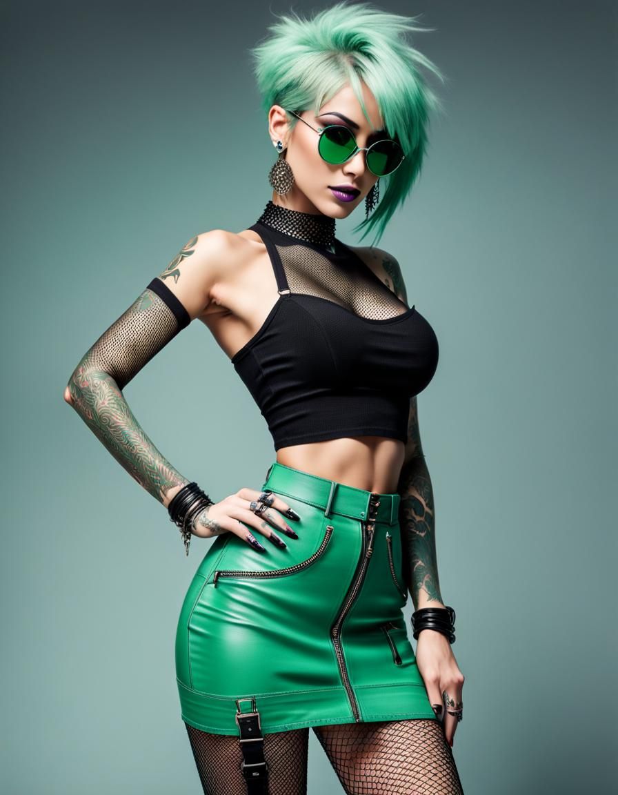 Girl with Spikey Mint Hair in Cyberpunk Style