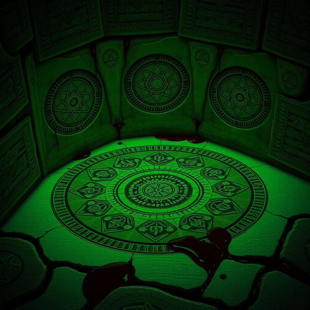 Dark Fantasy Sigil-Work Illuminated by Sickly Green Lights