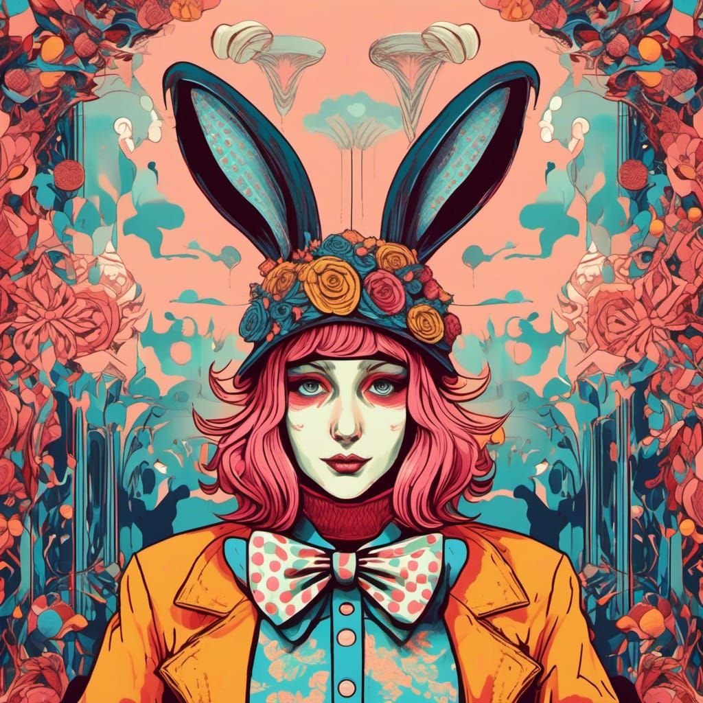 Mad Hatter Rabbit in Wonderland, Hyperreal Qajar Art