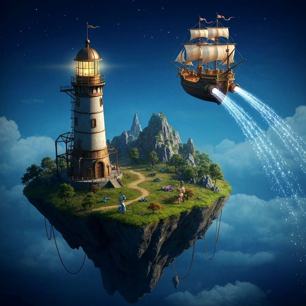 Steampunk Lighthouse on Floating Island at Night