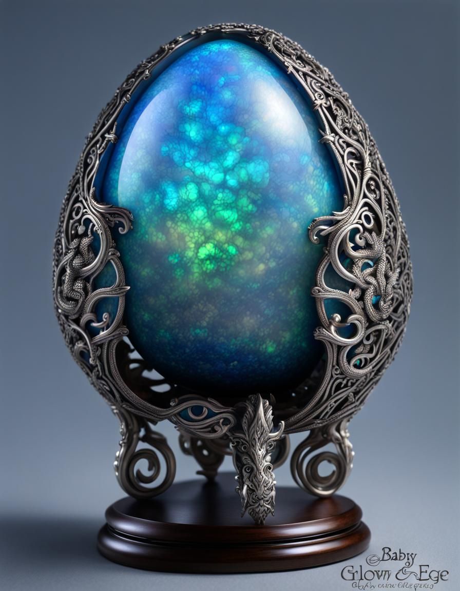Blue Fire Opal Dragon Egg with Silver Filigree
