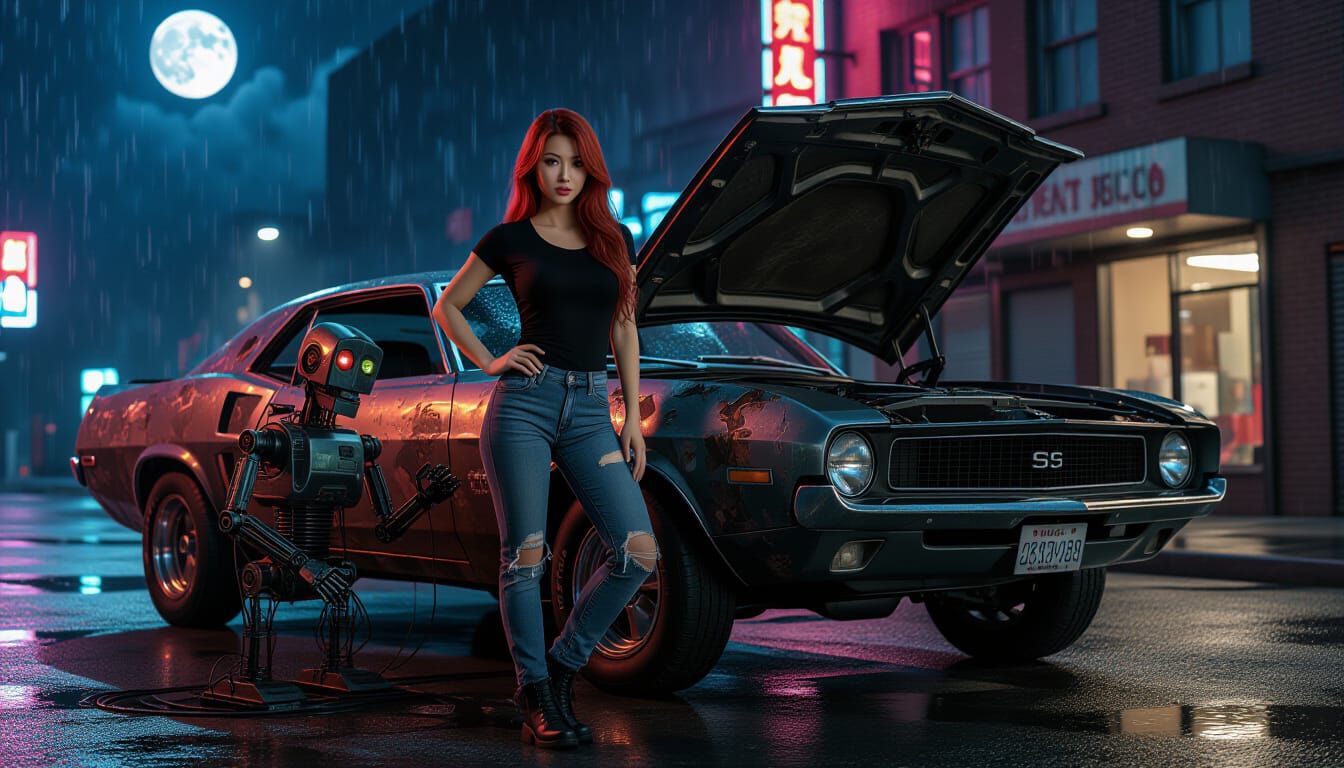 Asian Woman and Robot Fix Rusty Muscle Car in Cyberpunk City