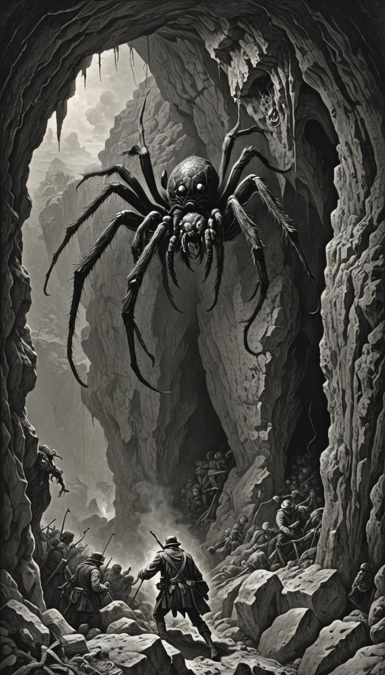 Giant Spider Confrontation in Doré Style