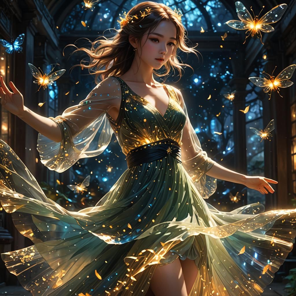 Anime Woman Dancing with Fireflies in 3D