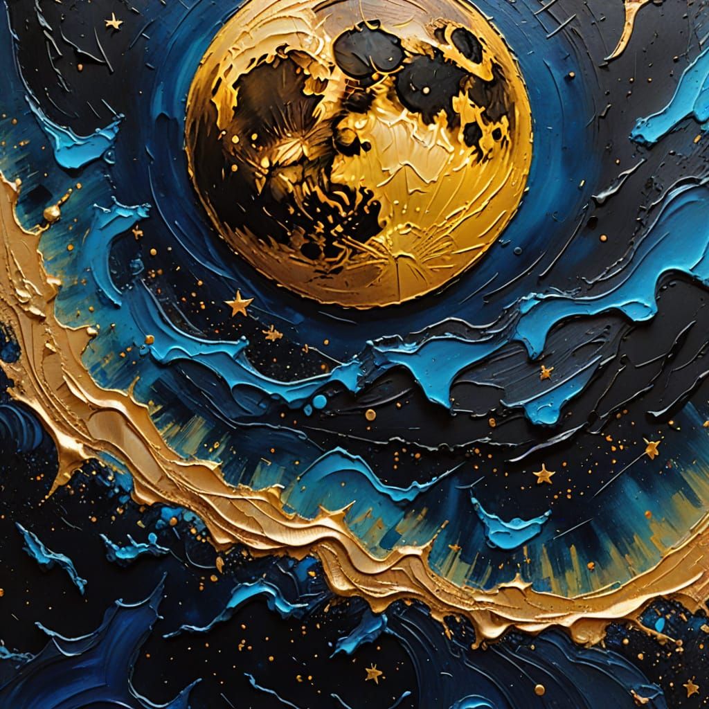 Glowing Moon in Night Sky as Impasto Painting