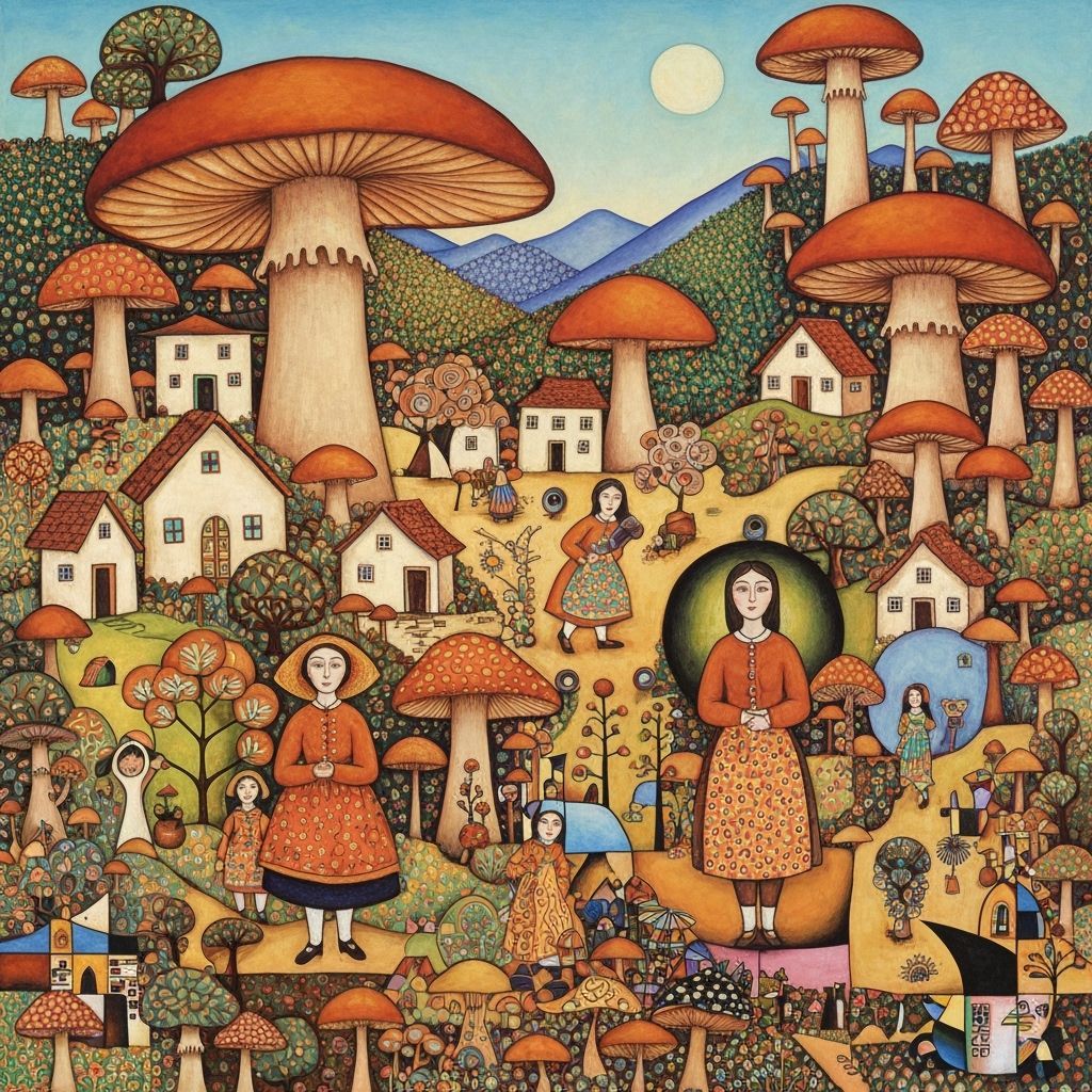 Whimsical Mushroom Village in Abstract Art Style