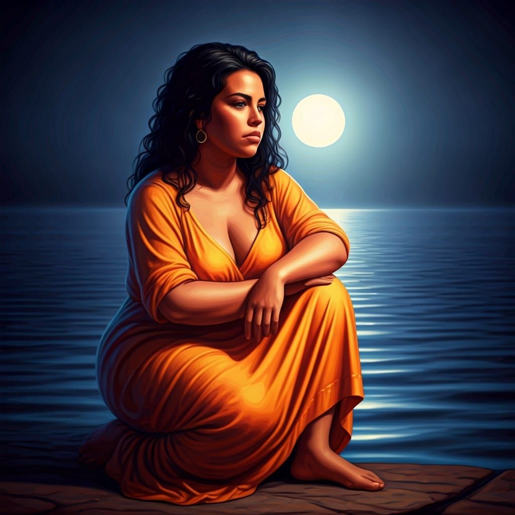 Latin Woman by Calm Water in Hyperrealistic Style
