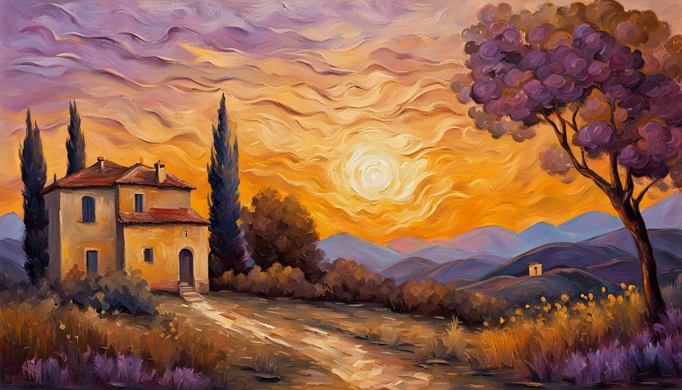 Serene Italian Dusk Oil Painting in Art Nouveau Style