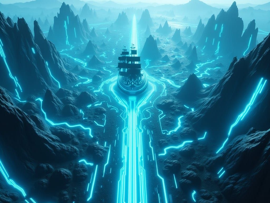 Aerial view of TRON inspired Neverland Island. 8K resolution...