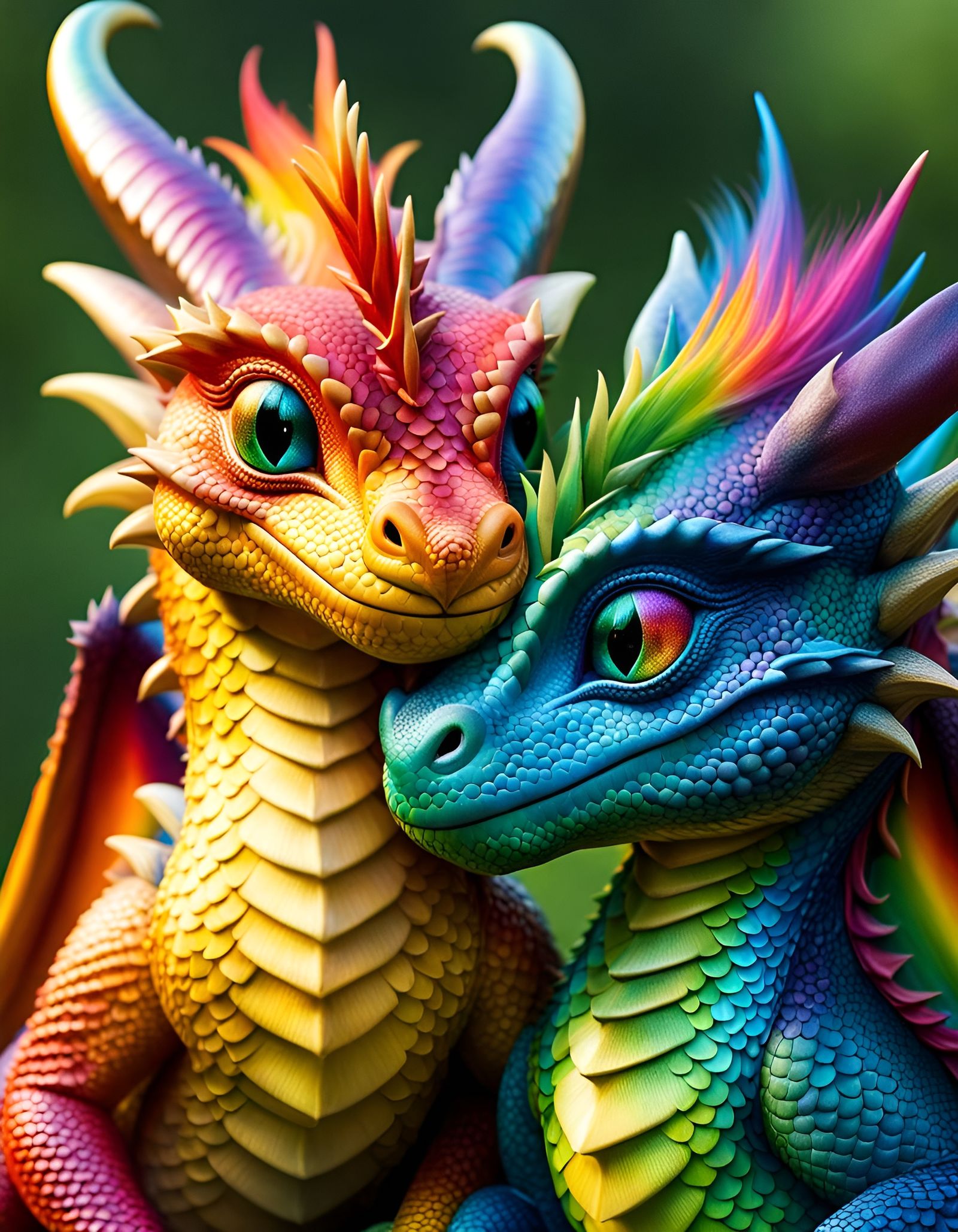 Cute Dragons Cuddling in Magical Realism Style