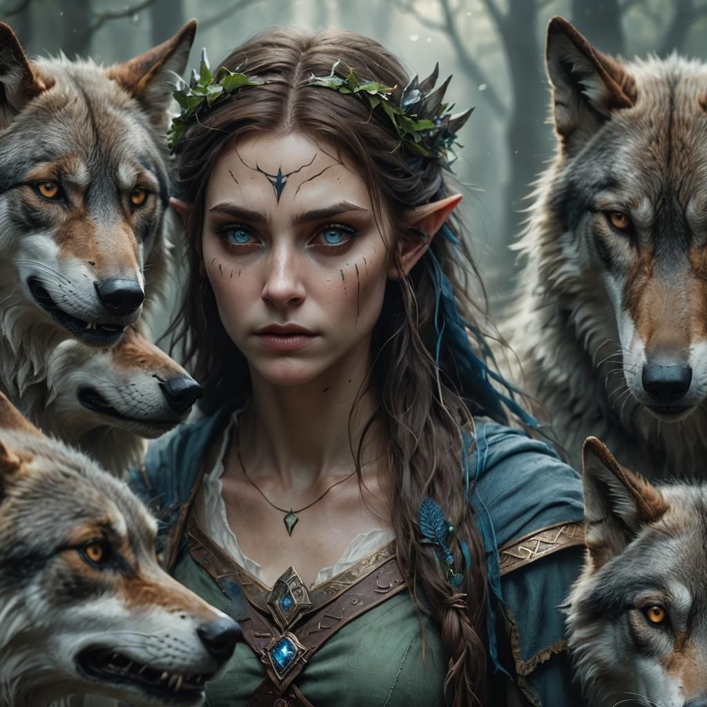 Mournful Half-Elf Woman Surrounded by Wolves