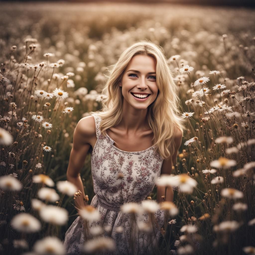 Blonde Woman Smiling in Hyperrealistic Flower Field