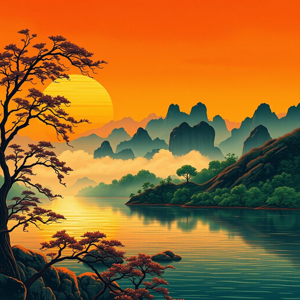 Surreal Woodcut Landscape of Ancient Yangtze River at Sunset
