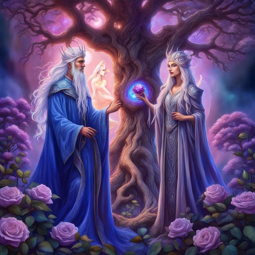 The gorgeous Fairy King and Fairy Queen both with sparkly fairy wings long flowing white hair, dressed in royal blue rob...