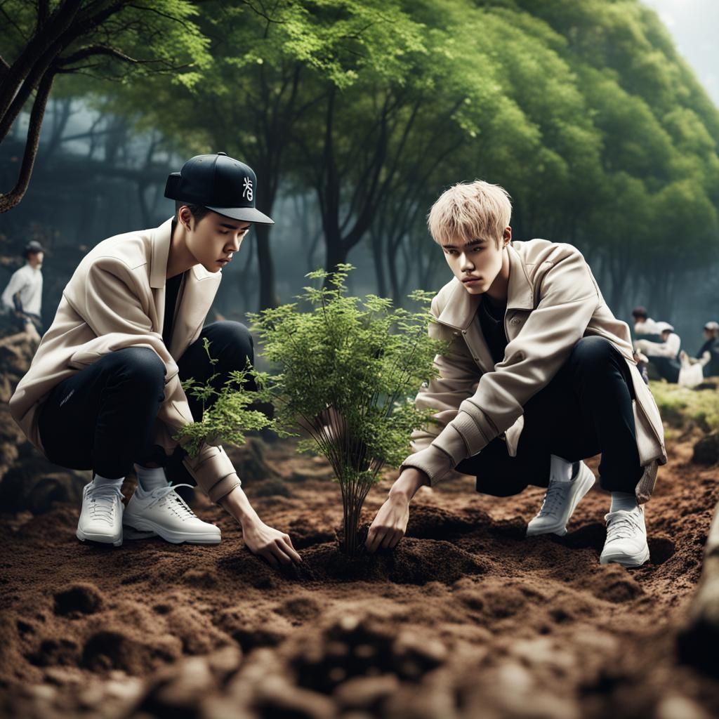Justin Bieber and Sehun Plant Trees: Hyperrealistic Image
