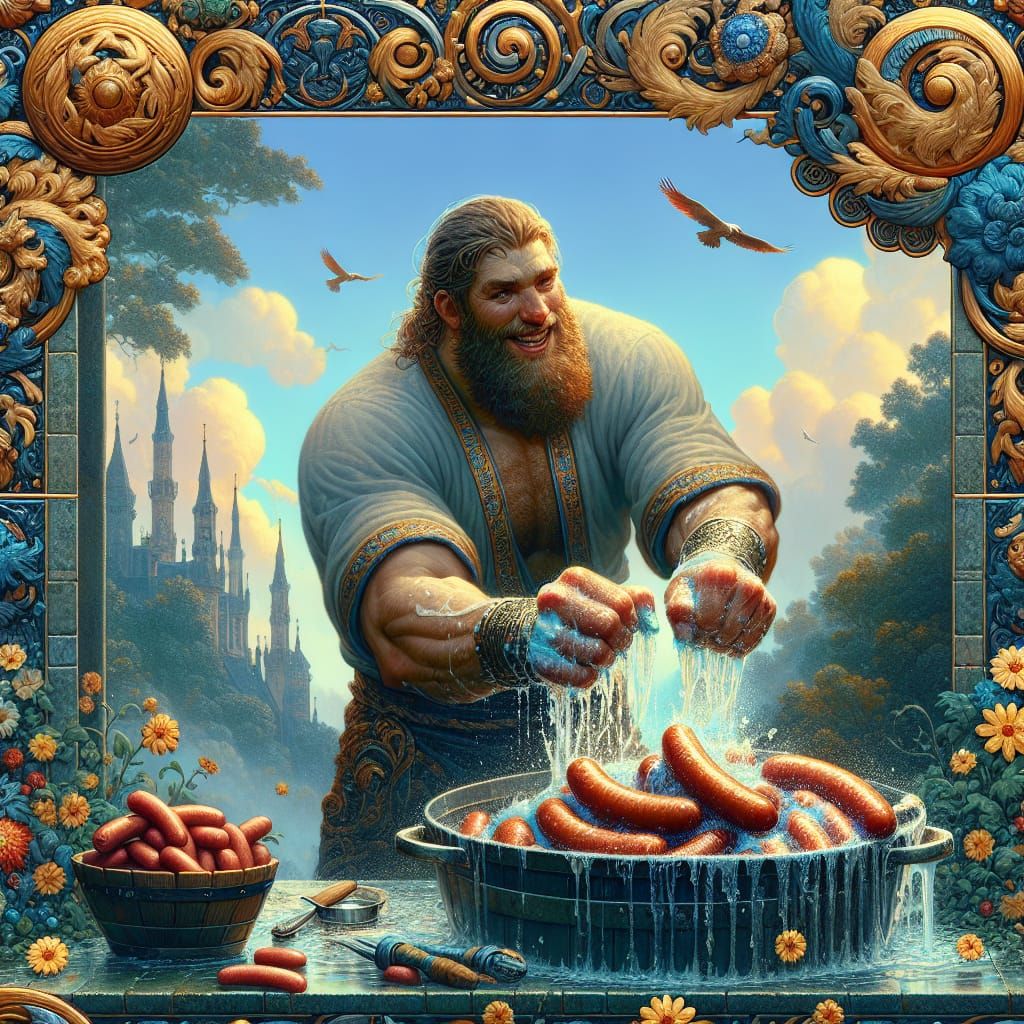 Joyful Sausage Washing: A Detailed Matte Painting