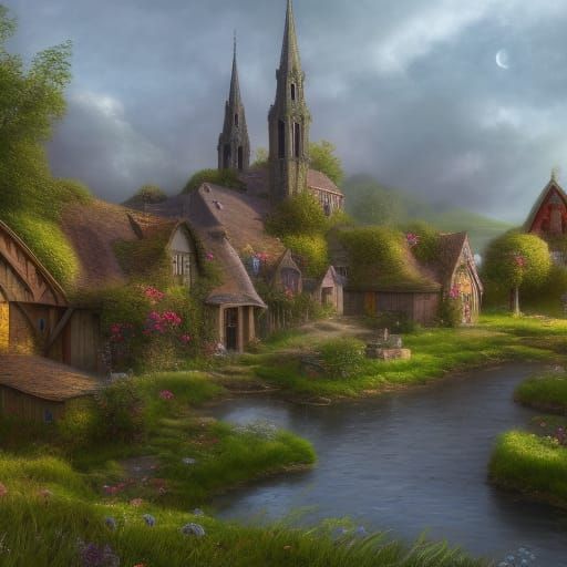 Charming English Village Oil Painting