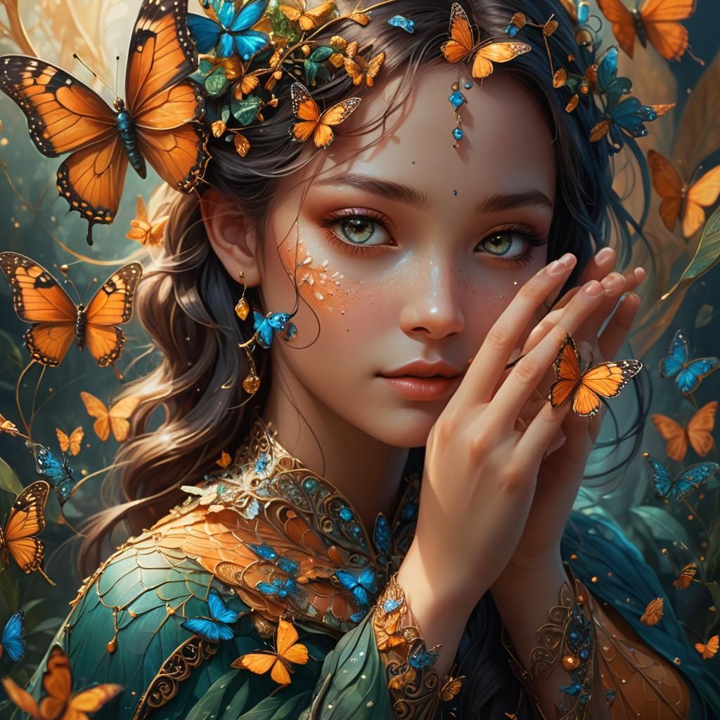 Girl Gently Cradles Butterfly in Fantasy Realism