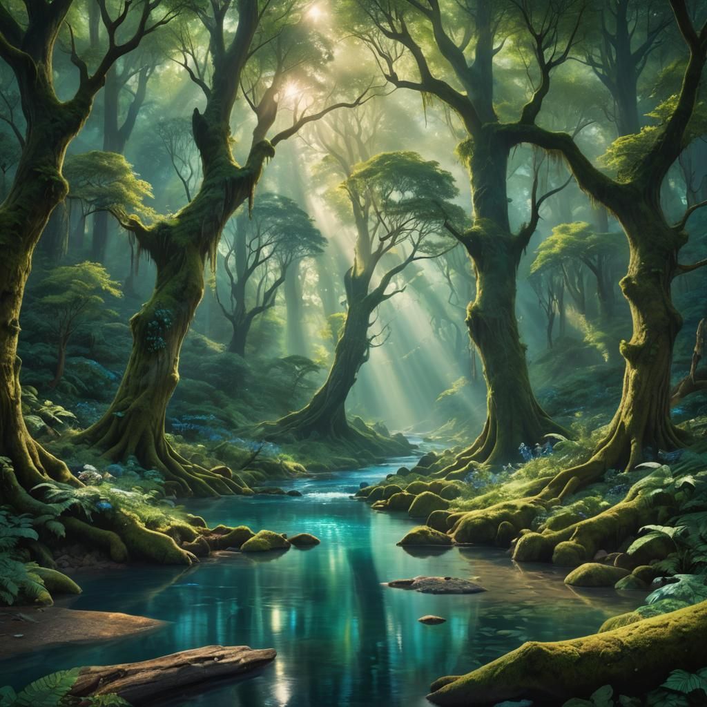 Mystical Forest Stream in a Fantasy Landscape