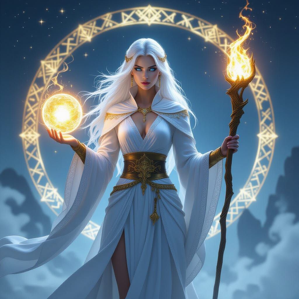 Majestic Sorceress Conjuring Magic in Starlight Mist