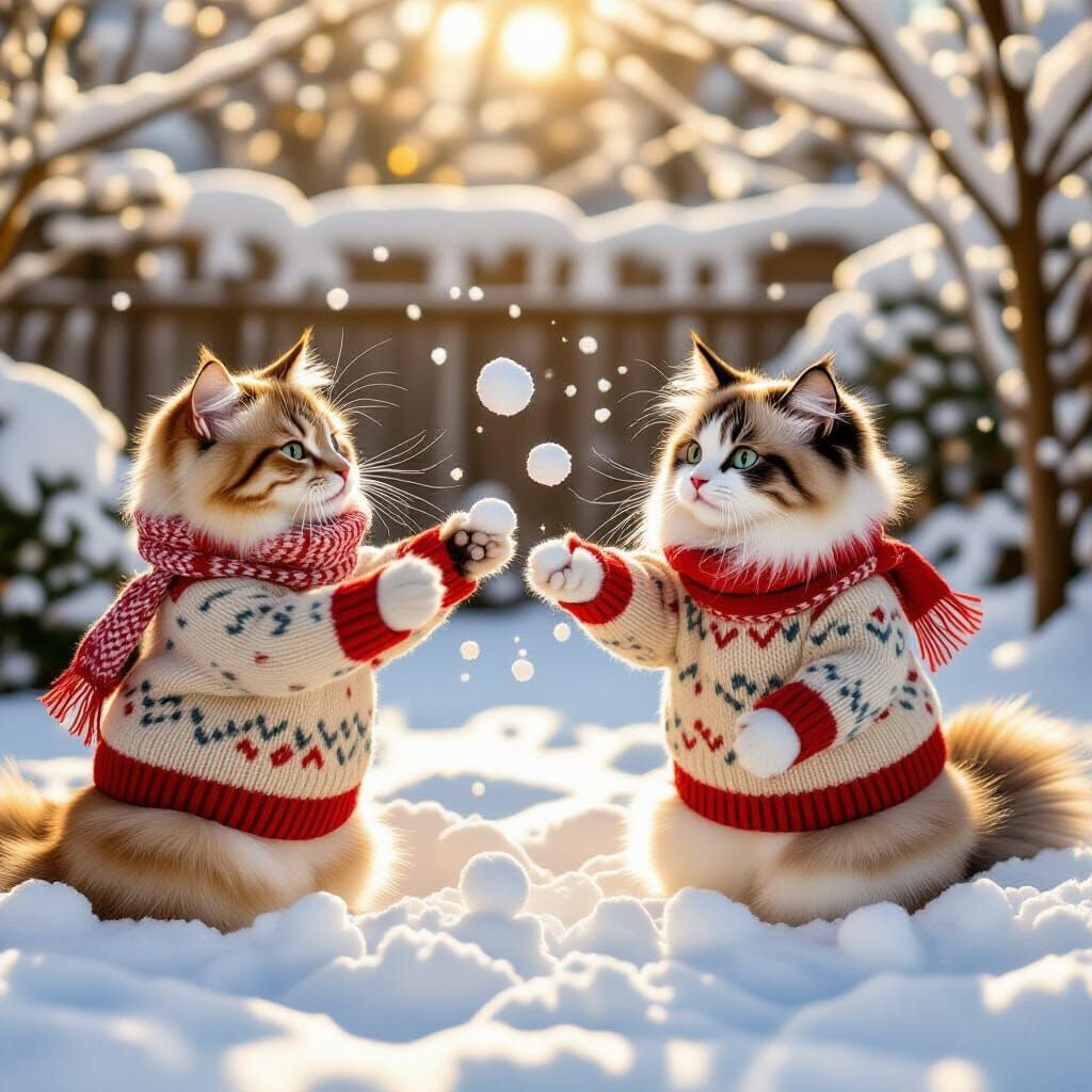 Cats Throwing Snowballs in Winter Garden, Whimsical Style