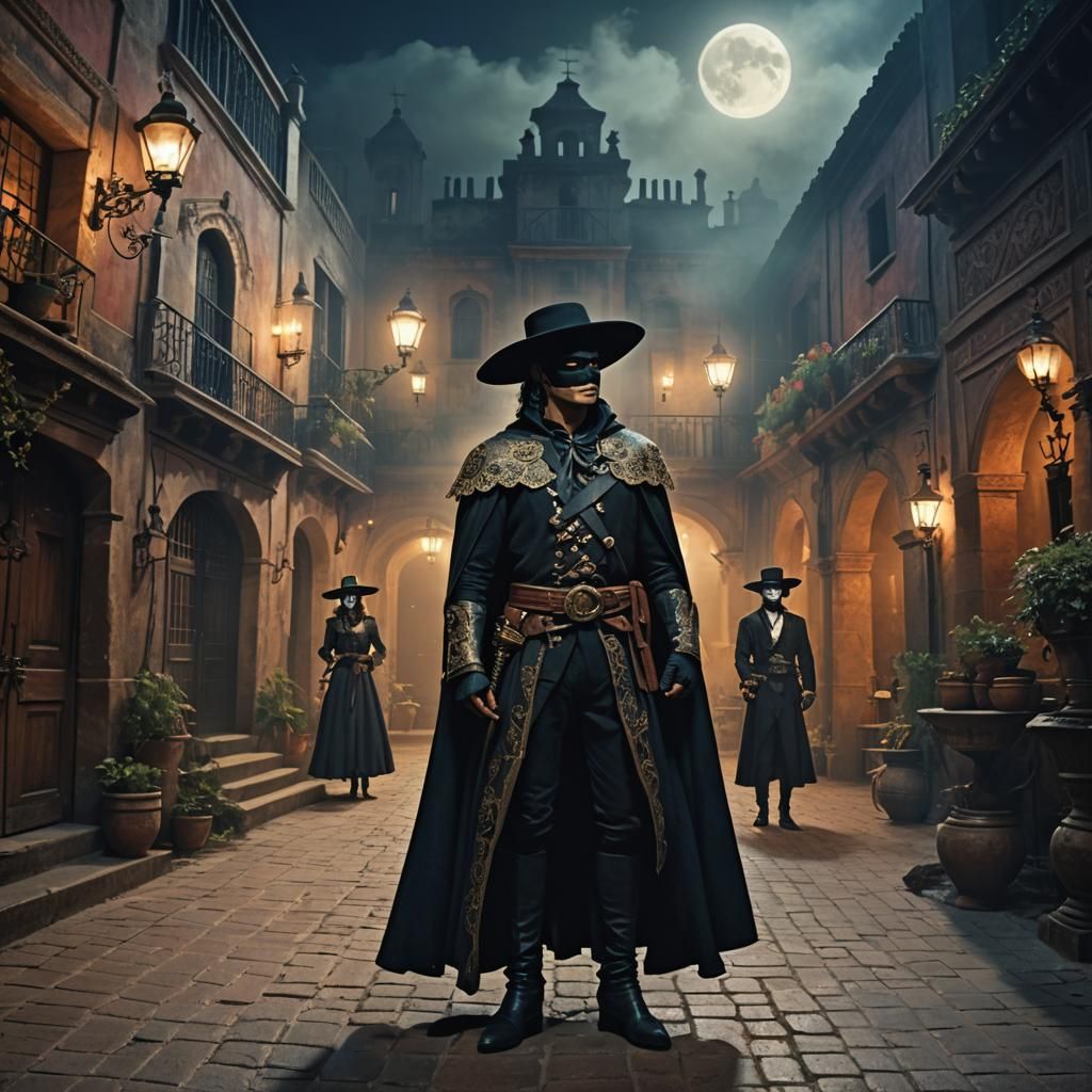 Zorro and Luna in Moonlit Courtyard