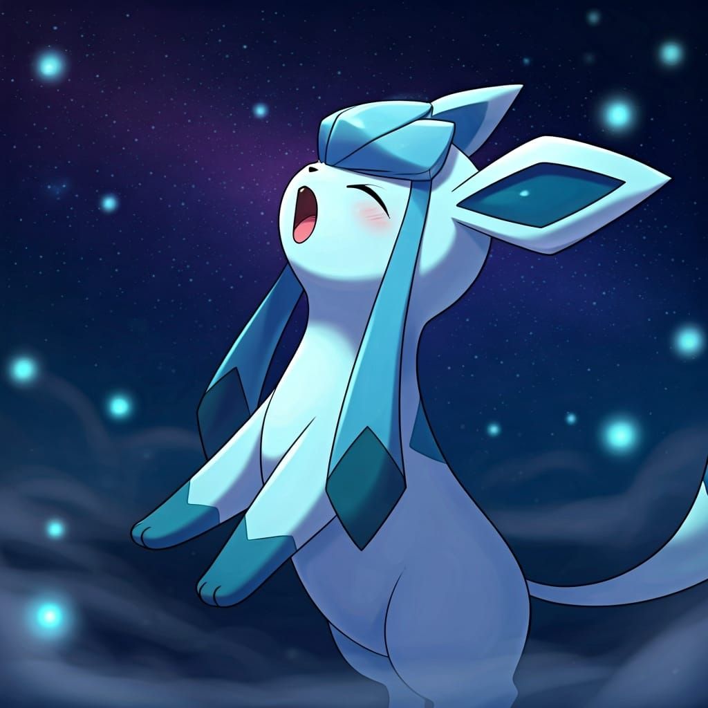 Cute Chibi Glaceon Shouting in a Starry Sky