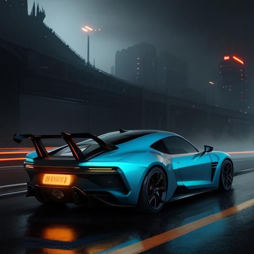 Sleek Sports Car Races Through Futuristic Cityscape