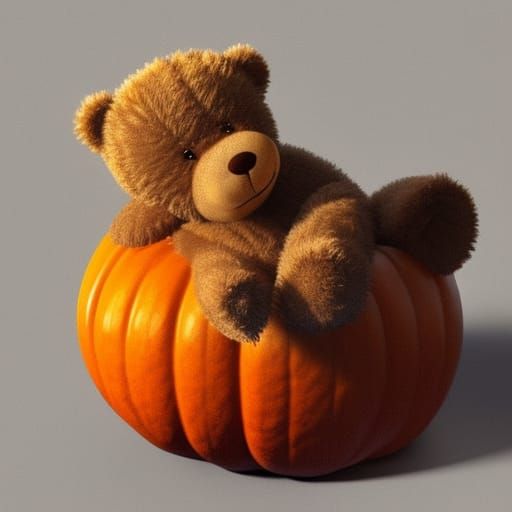 Teddy Bear Portrait in Pumpkin, Detailed Digital Art