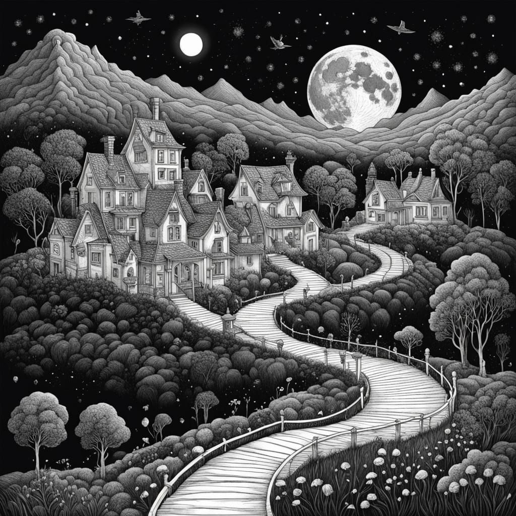 Floating Houses on Hills Under Starry Sky