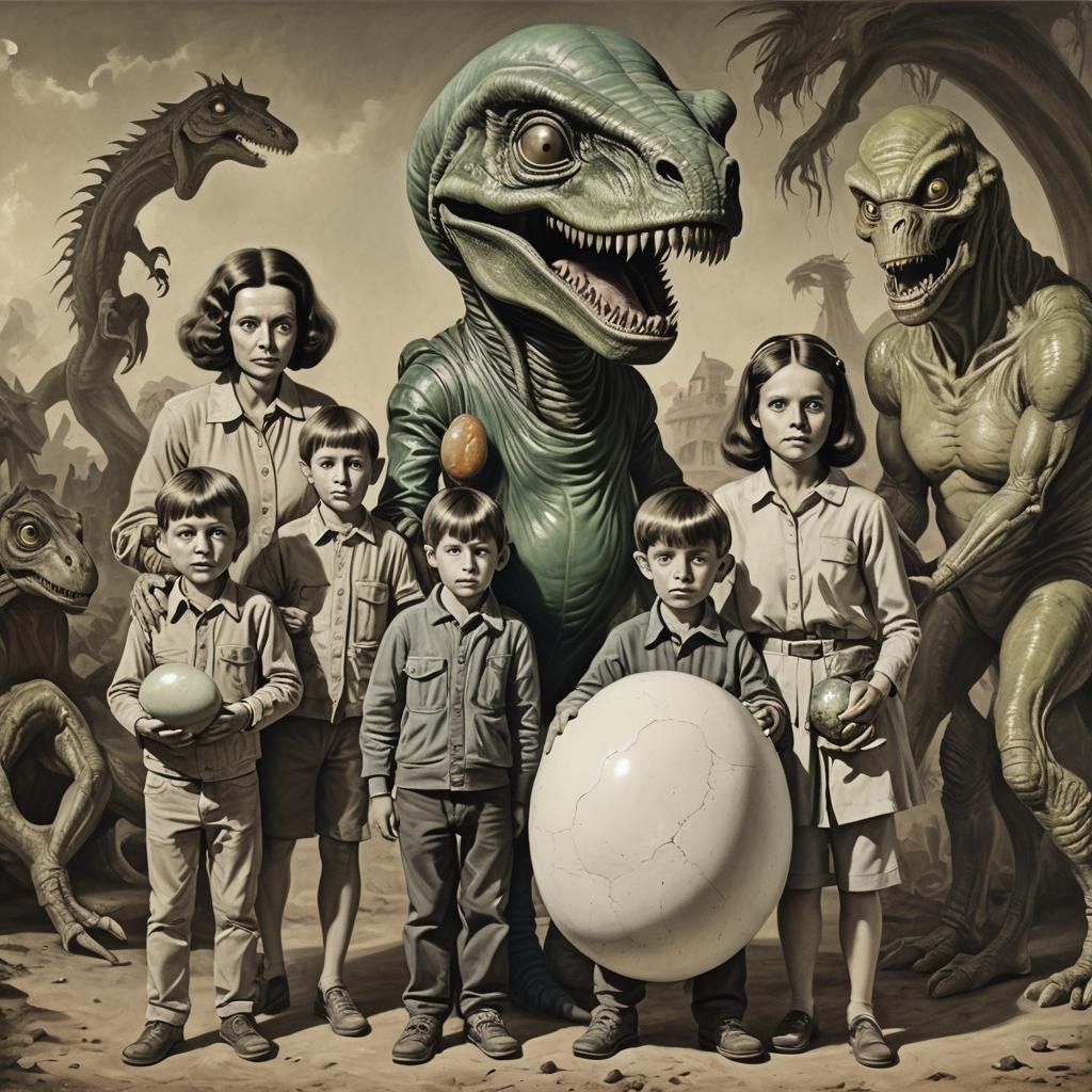 Weird and Wacky Portrait of (alien family, boy holding dinos...