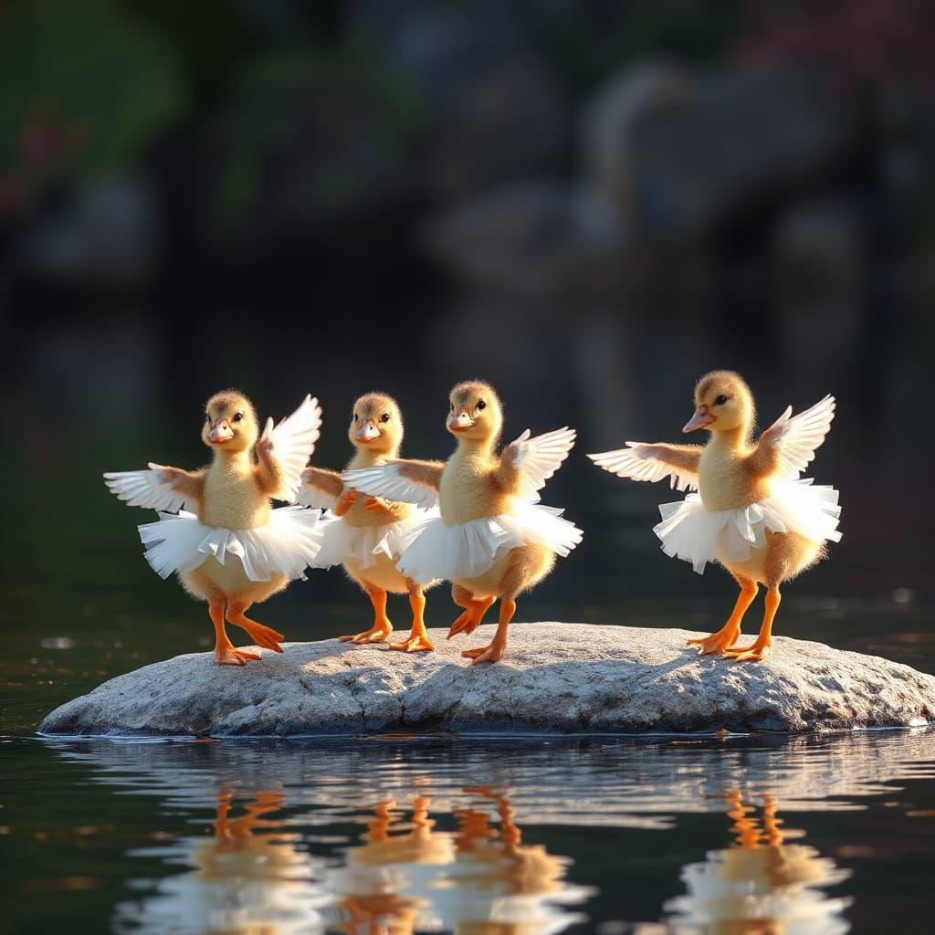 Ducklings Perform Ballet in Lake: Hyperrealistic Art