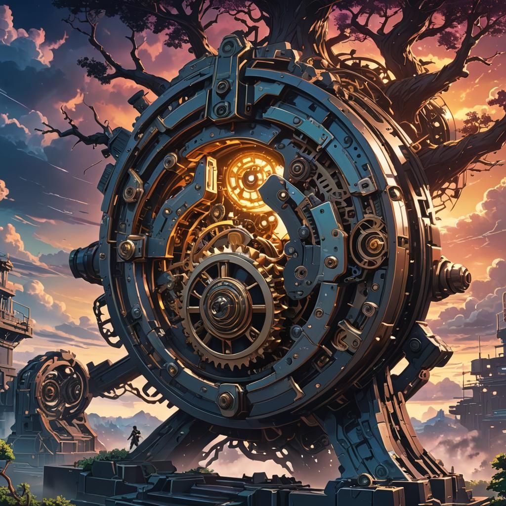 Mechanical Lock Unveiling Glowing Tree in Anime Style