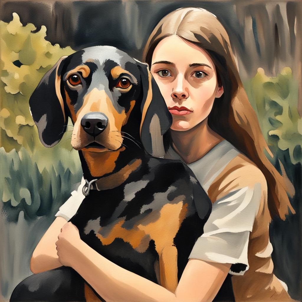 Girl with Transylvanian Hound in Gouache Style