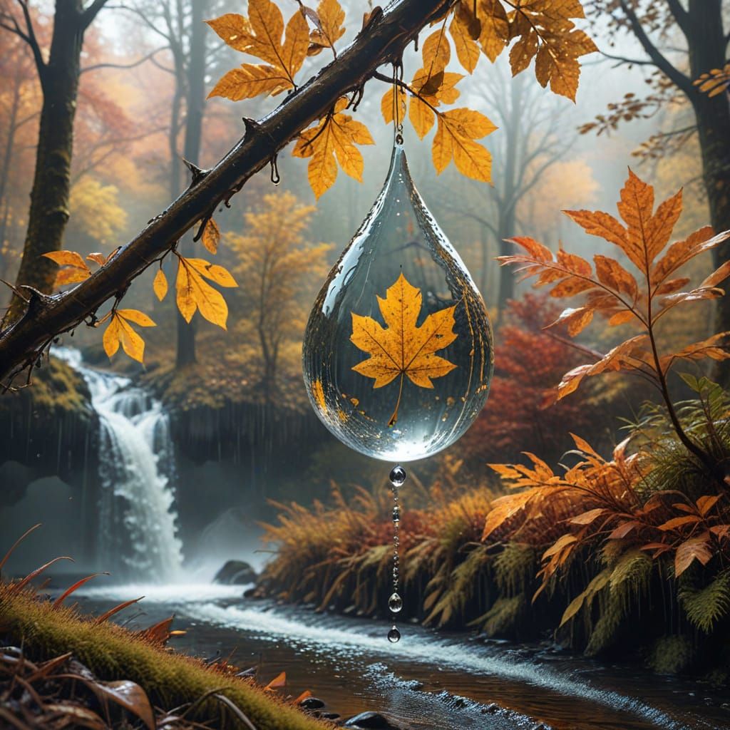 Double Exposure Raindrop with Autumn Forest Waterfall