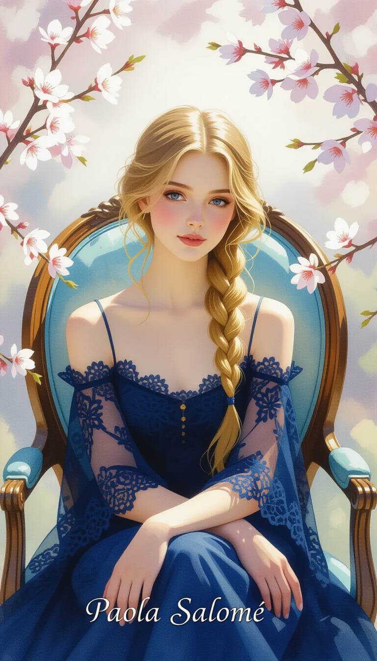 Dreamy Painterly Portrait of Ethereal Woman in Azure Chair