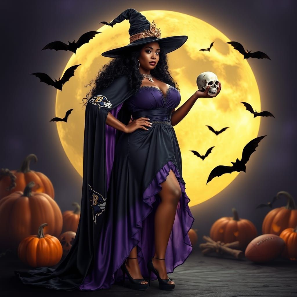 Curvy Woman as Halloween Witch with Football Theme