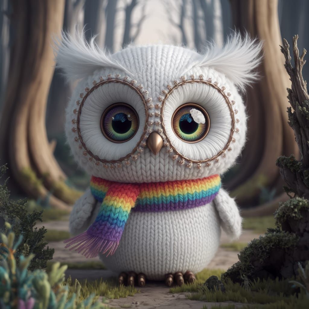 Cute Knitted Yarn Owl in Fantasy Forest