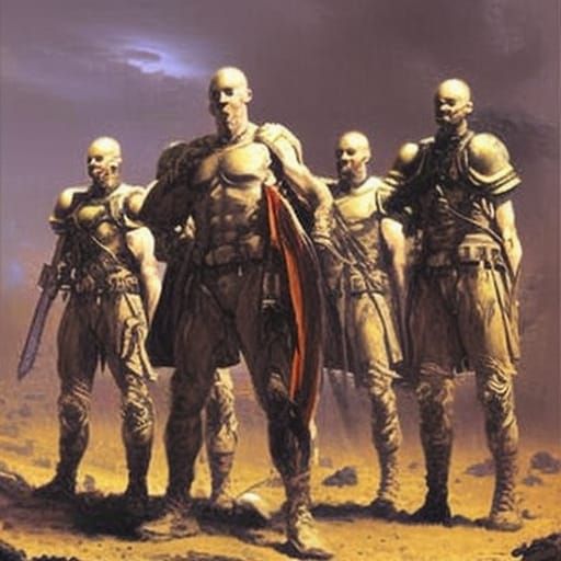 Four Champions Prepare for Battle in Oil Painting Style