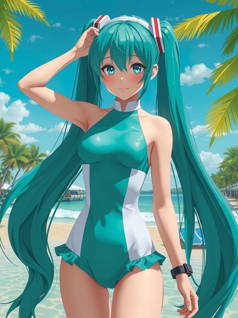 Vibrant Tropical Beach Scene of Hatsune Miku in a Teal and W...