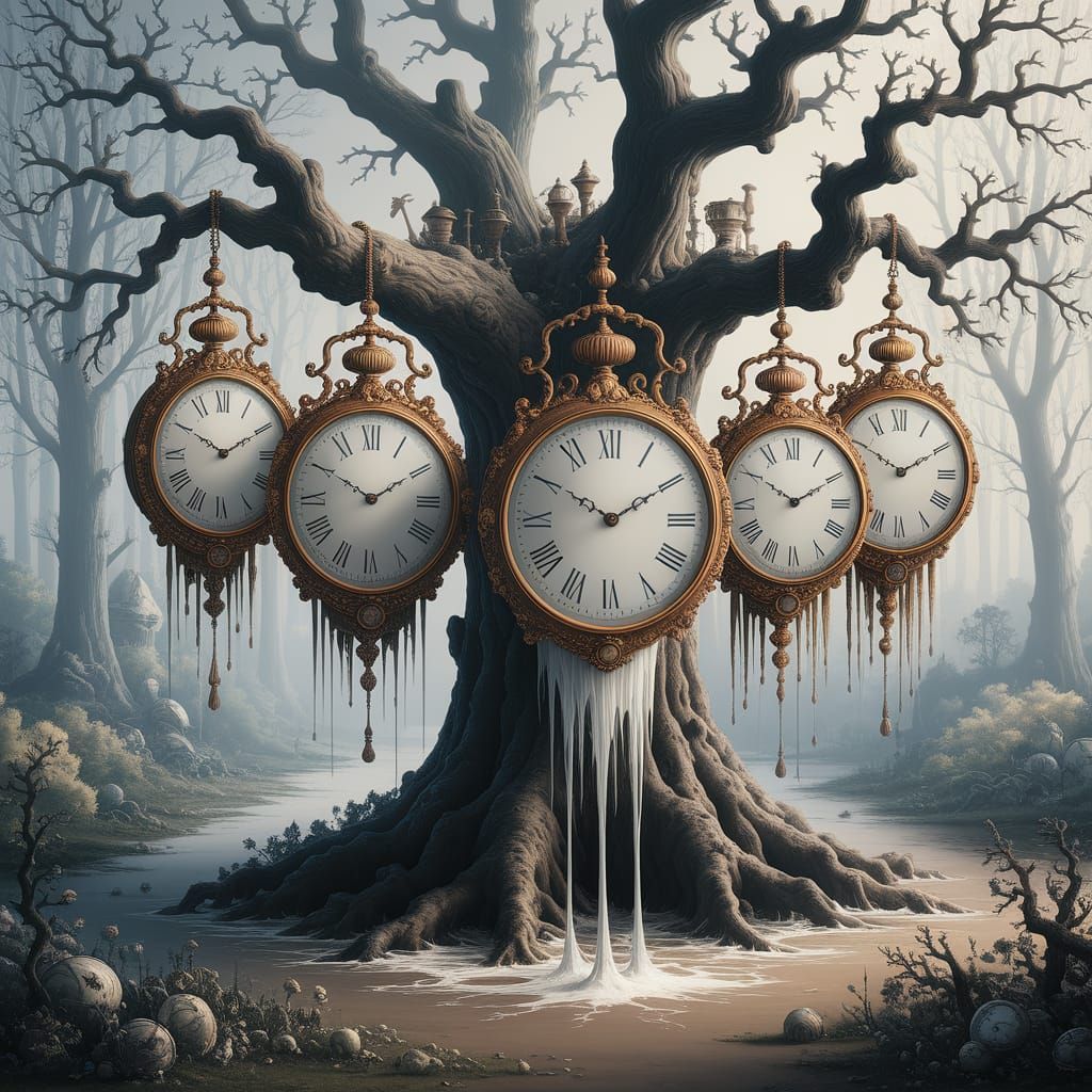 Melting Clocks on Dreamlike Tree, Surrealist Style
