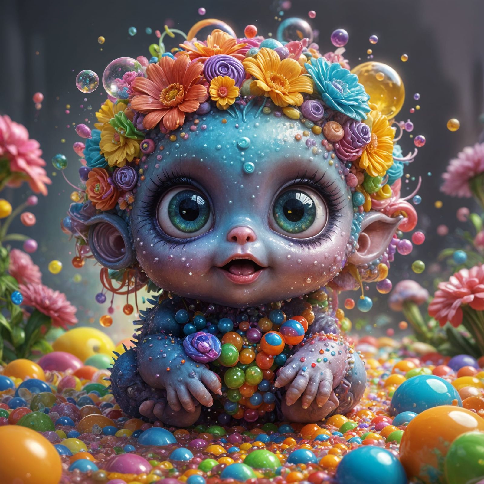 Whimsical Fantasy Monster Baby with Flowers and Rainbow Bubb...
