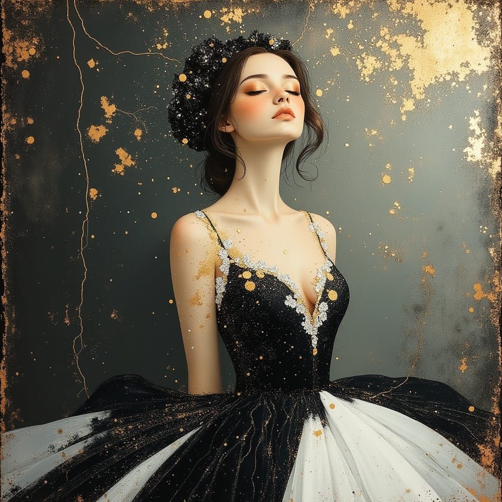 Ballerina in Black and White Lace Outfit with Glitter