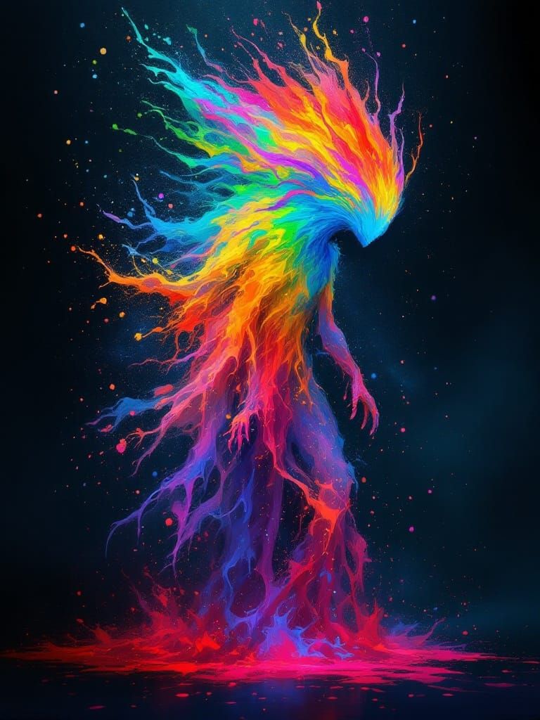 Surreal Fantasy Entity Radiates Vibrant Hues in Dark Backgro...