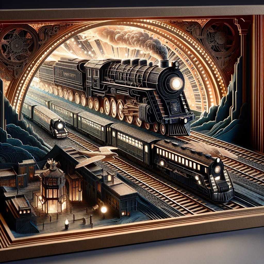 Grisaille Train in Motion Shadowbox with LED Lighting
