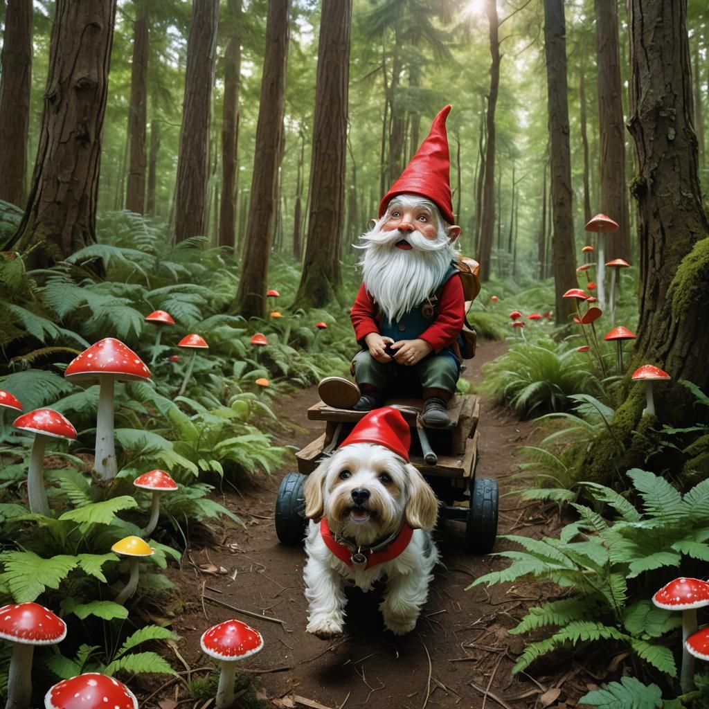Gnome Rides Dog Through Lush Forest, Fairy Tale