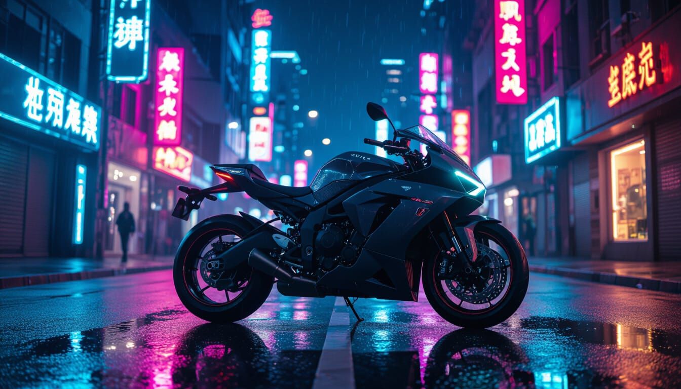 Cyberpunk Motorcycle in Neon-Lit Street at Night