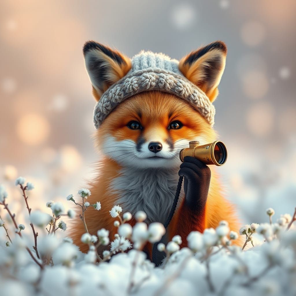 Fox in Winter Hat with Spyglass